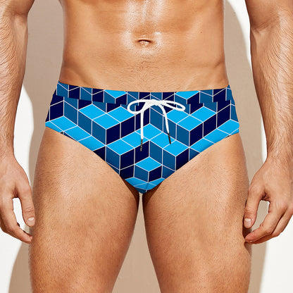 Blue Geometric Cube Shape Pattern Print Men's Swim Briefs