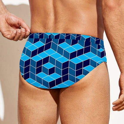 Blue Geometric Cube Shape Pattern Print Men's Swim Briefs