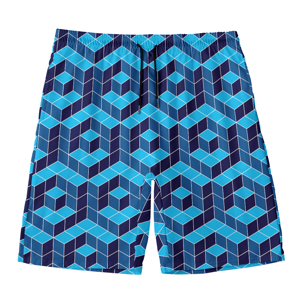 Blue Geometric Cube Shape Pattern Print Men's Swim Trunks