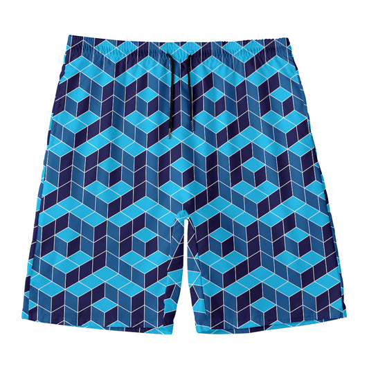 Blue Geometric Cube Shape Pattern Print Men's Swim Trunks