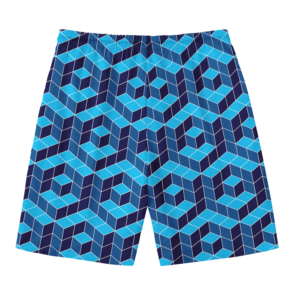 Blue Geometric Cube Shape Pattern Print Men's Swim Trunks