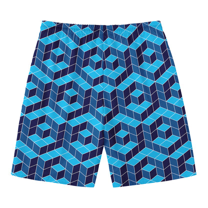 Blue Geometric Cube Shape Pattern Print Men's Swim Trunks