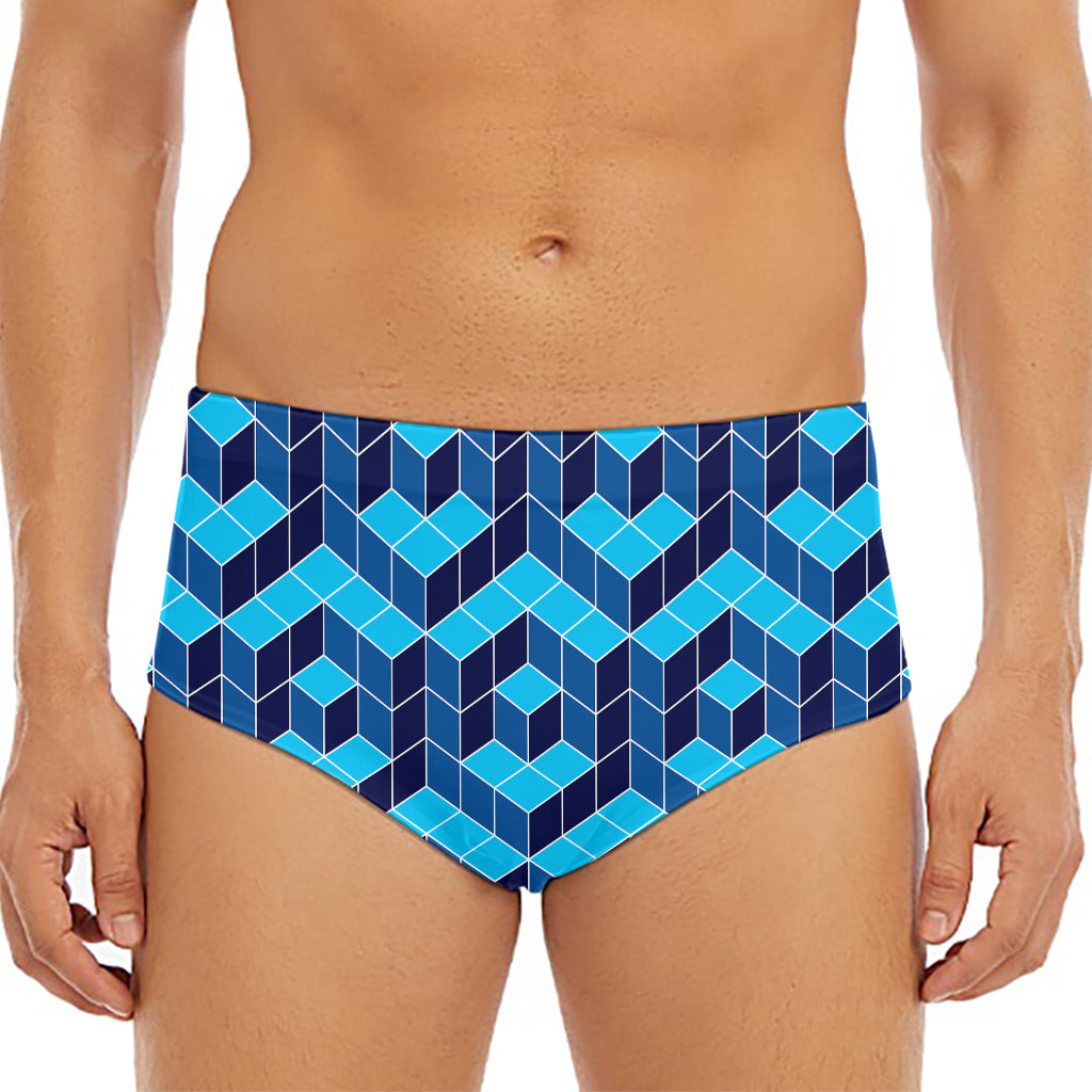Blue Geometric Cube Shape Pattern Print Men's Triangle Swim Briefs
