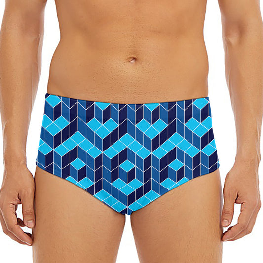 Blue Geometric Cube Shape Pattern Print Men's Triangle Swim Briefs
