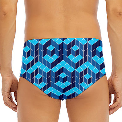 Blue Geometric Cube Shape Pattern Print Men's Triangle Swim Briefs