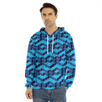 Blue Geometric Cube Shape Pattern Print Men's Velvet Pullover Hoodie