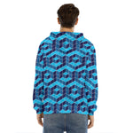 Blue Geometric Cube Shape Pattern Print Men's Velvet Pullover Hoodie