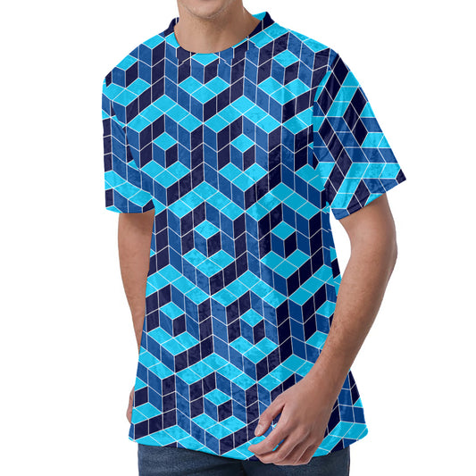 Blue Geometric Cube Shape Pattern Print Men's Velvet T-Shirt