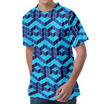 Blue Geometric Cube Shape Pattern Print Men's Velvet T-Shirt