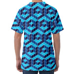 Blue Geometric Cube Shape Pattern Print Men's Velvet T-Shirt