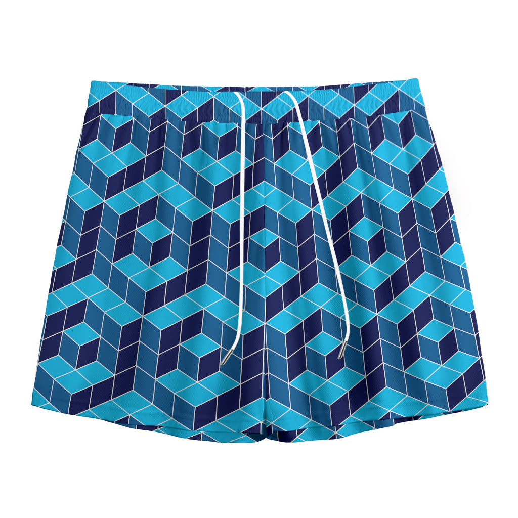Blue Geometric Cube Shape Pattern Print Mesh Shorts