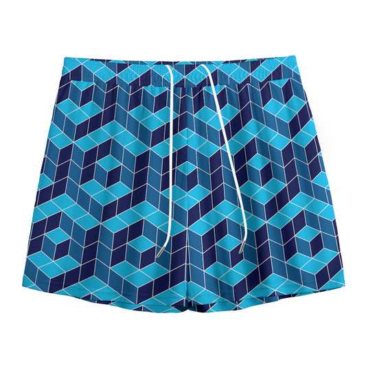 Blue Geometric Cube Shape Pattern Print Mesh Shorts