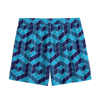 Blue Geometric Cube Shape Pattern Print Mesh Shorts