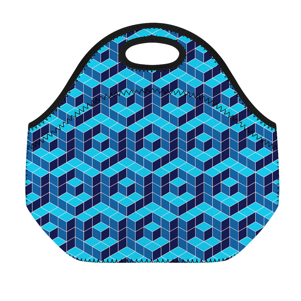 Blue Geometric Cube Shape Pattern Print Neoprene Lunch Bag