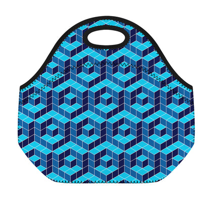 Blue Geometric Cube Shape Pattern Print Neoprene Lunch Bag