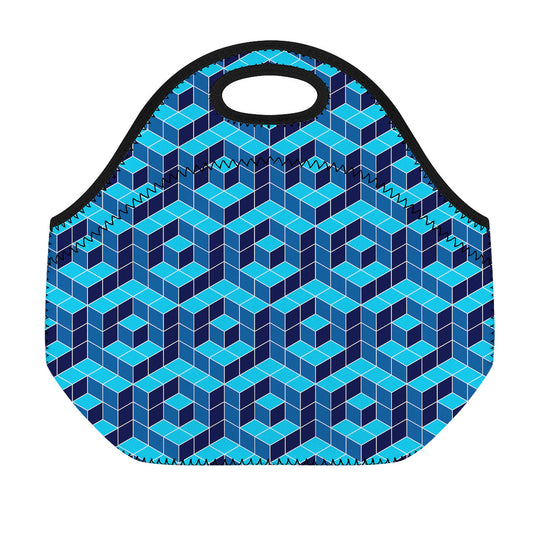 Blue Geometric Cube Shape Pattern Print Neoprene Lunch Bag