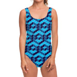 Blue Geometric Cube Shape Pattern Print One Piece Swimsuit
