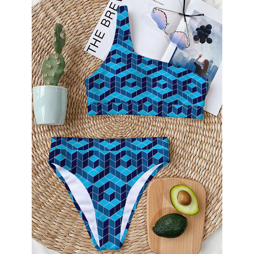 Blue Geometric Cube Shape Pattern Print One Shoulder Bikini Top