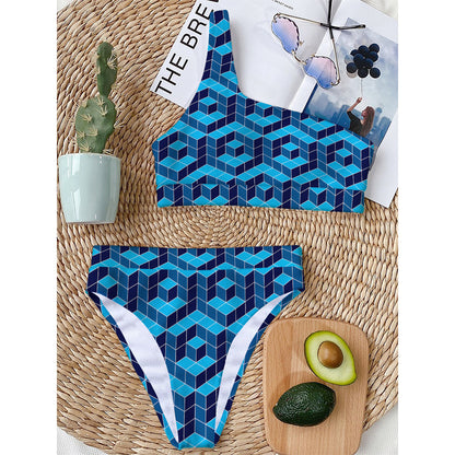 Blue Geometric Cube Shape Pattern Print One Shoulder Bikini Top