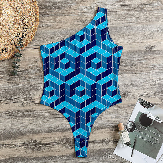 Blue Geometric Cube Shape Pattern Print One Shoulder Bodysuit
