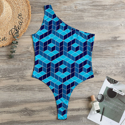 Blue Geometric Cube Shape Pattern Print One Shoulder Bodysuit