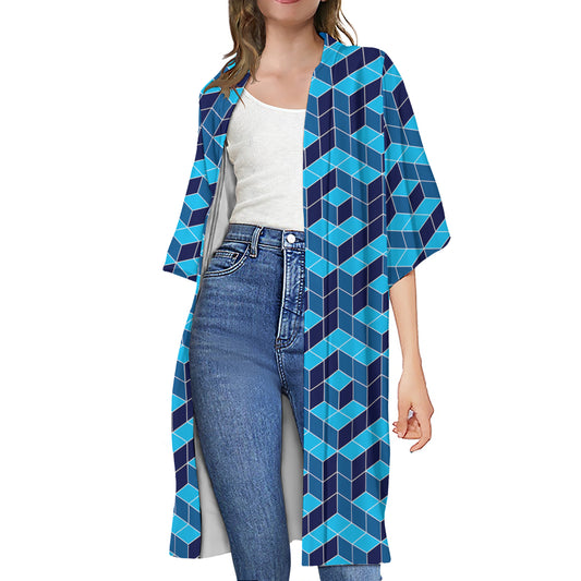 Blue Geometric Cube Shape Pattern Print Open Front Beach Cover Up