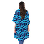 Blue Geometric Cube Shape Pattern Print Open Front Beach Cover Up