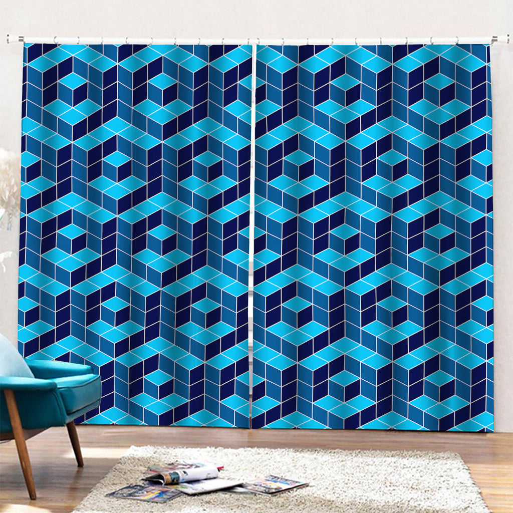 Blue Geometric Cube Shape Pattern Print Pencil Pleat Curtains