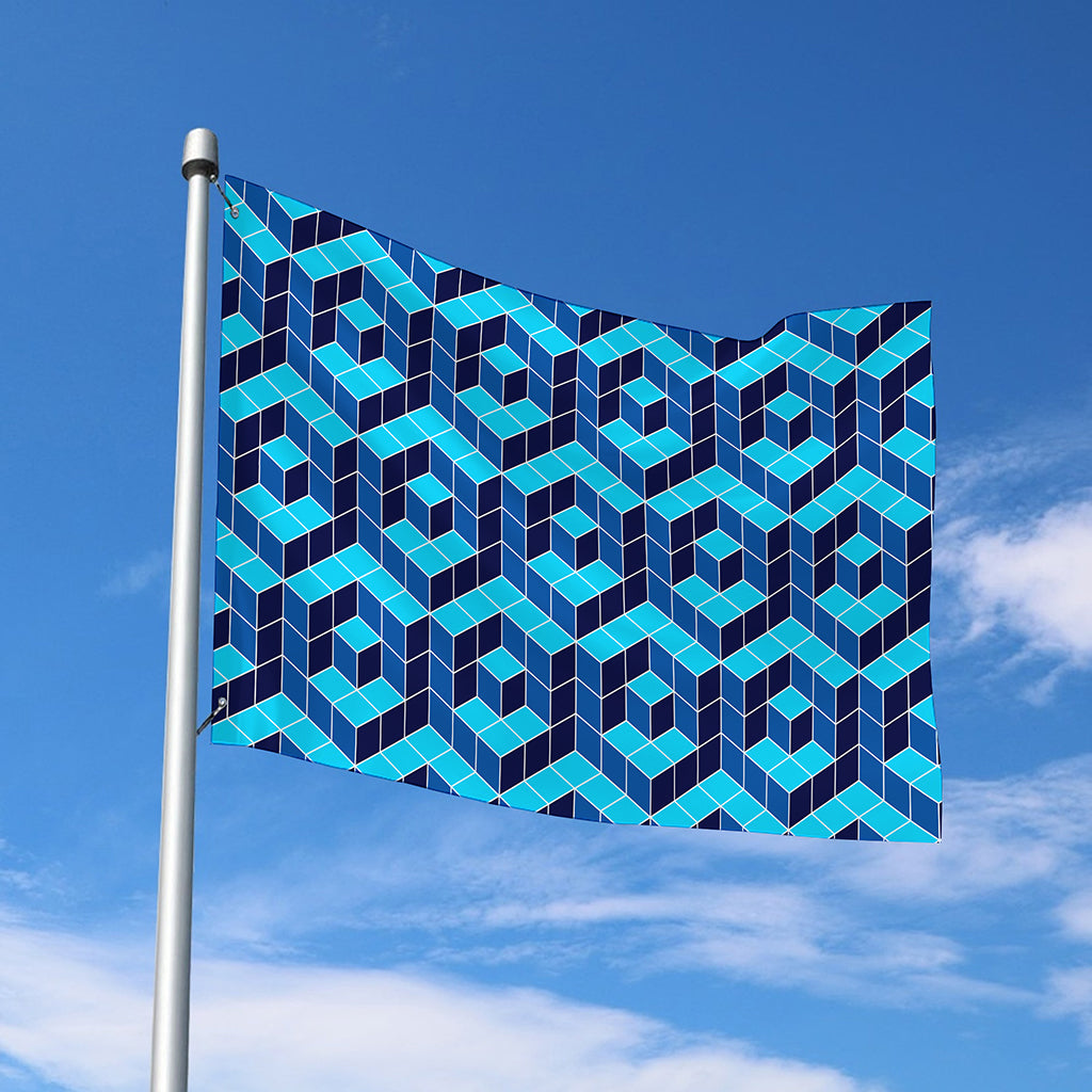 Blue Geometric Cube Shape Pattern Print Polyester Flag