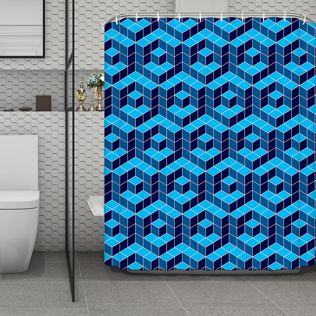 Blue Geometric Cube Shape Pattern Print Polyester Shower Curtain