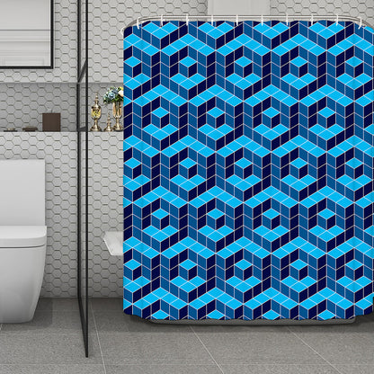 Blue Geometric Cube Shape Pattern Print Polyester Shower Curtain