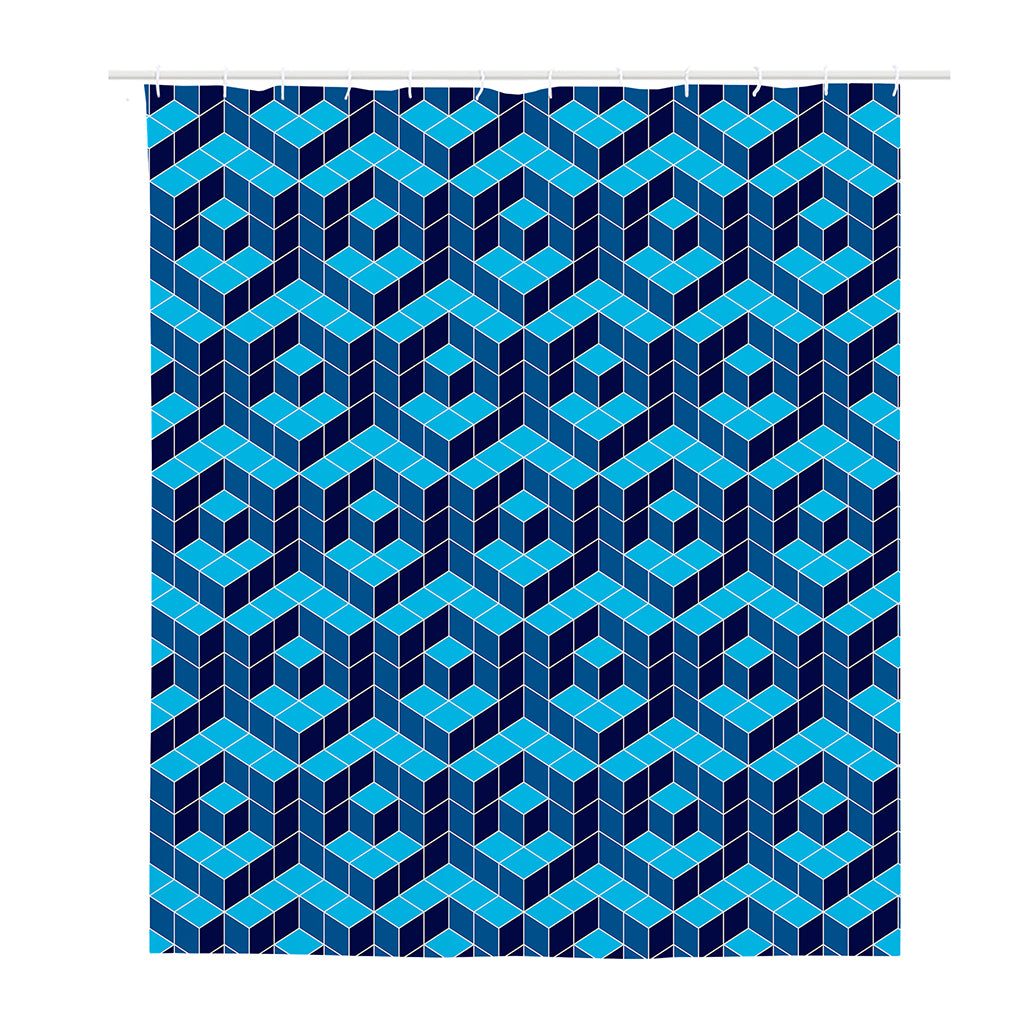 Blue Geometric Cube Shape Pattern Print Polyester Shower Curtain