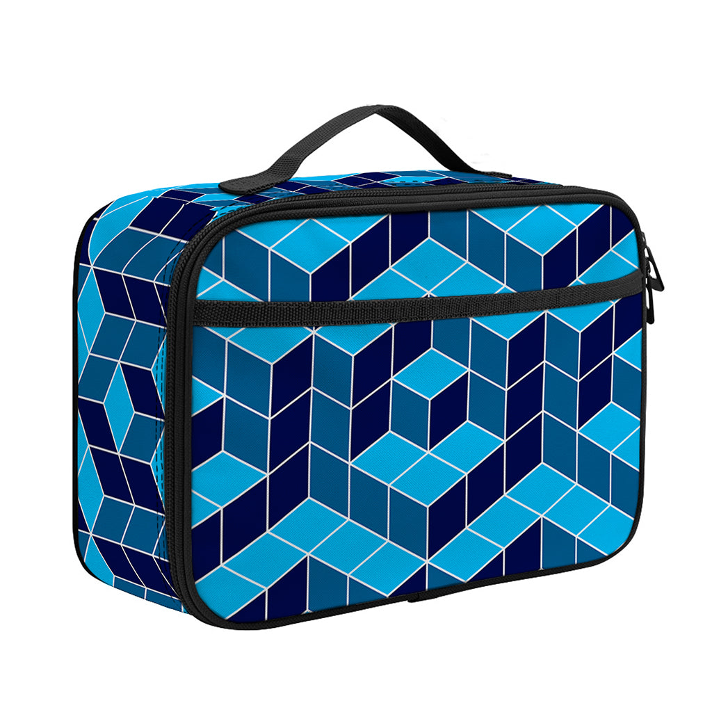 Blue Geometric Cube Shape Pattern Print Portable Lunch Bag