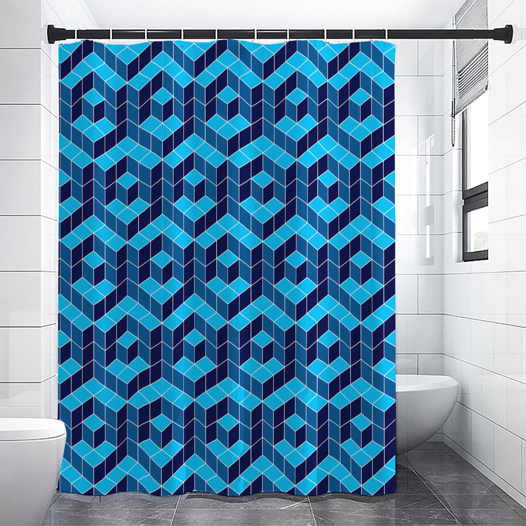 Blue Geometric Cube Shape Pattern Print Premium Shower Curtain