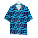 Blue Geometric Cube Shape Pattern Print Rayon Hawaiian Shirt