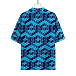 Blue Geometric Cube Shape Pattern Print Rayon Hawaiian Shirt