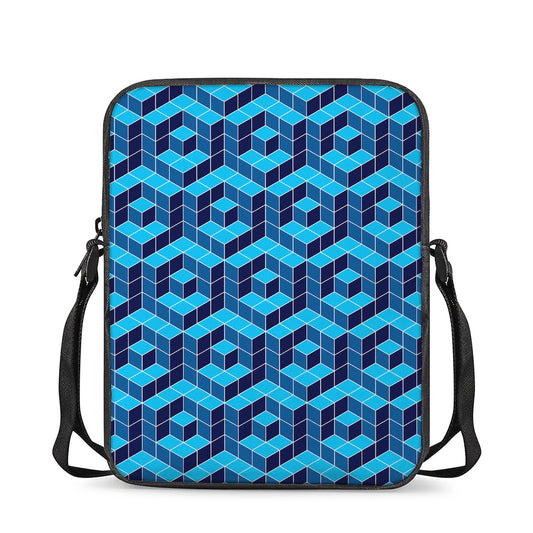 Blue Geometric Cube Shape Pattern Print Rectangular Crossbody Bag