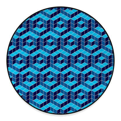 Blue Geometric Cube Shape Pattern Print Round Floor Mat