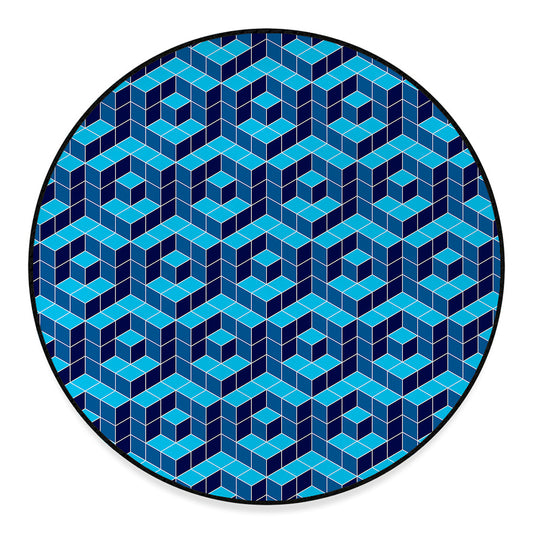 Blue Geometric Cube Shape Pattern Print Round Floor Mat