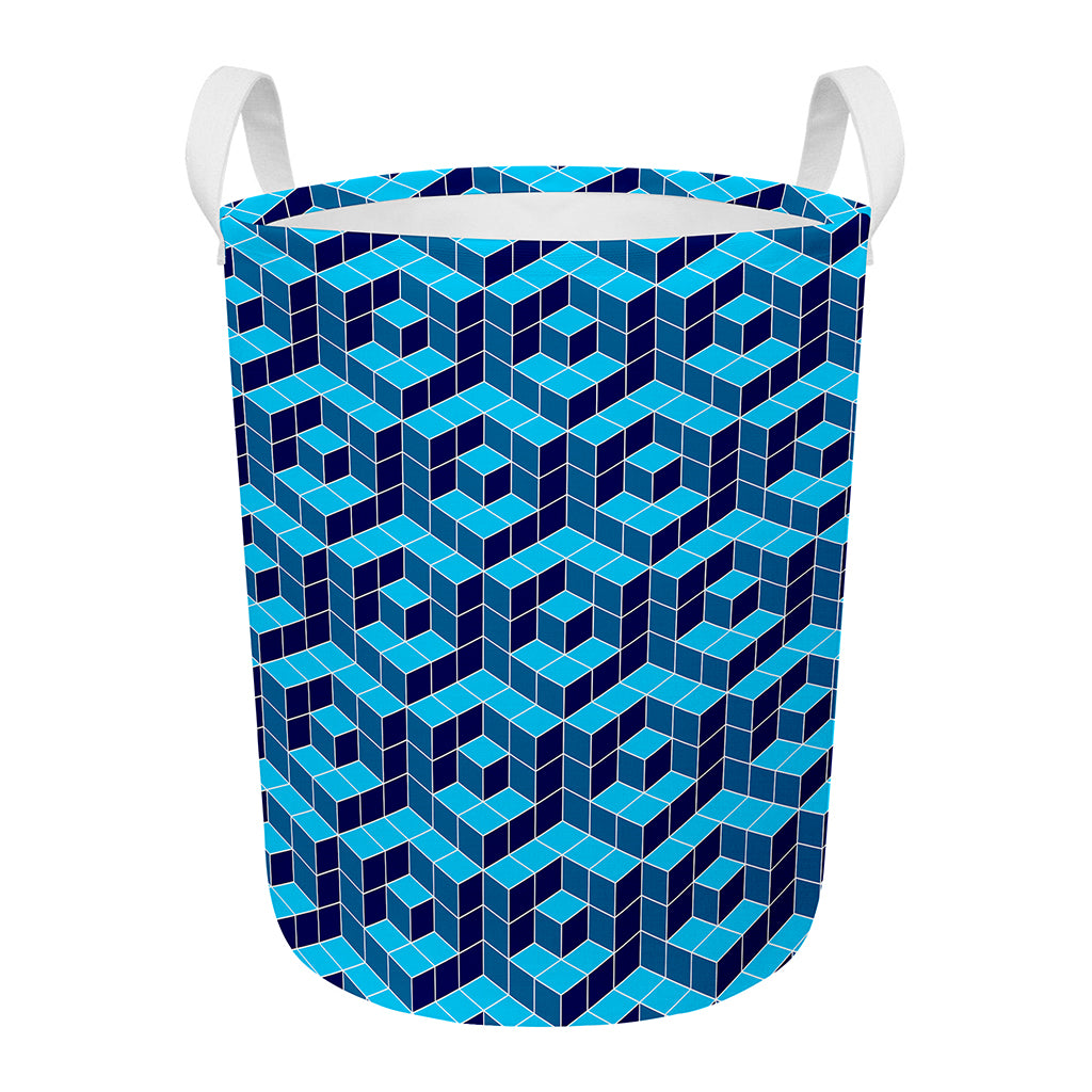 Blue Geometric Cube Shape Pattern Print Round Laundry Basket