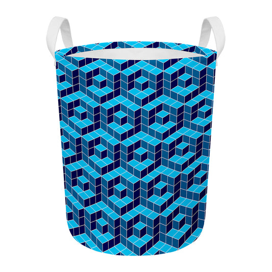 Blue Geometric Cube Shape Pattern Print Round Laundry Basket