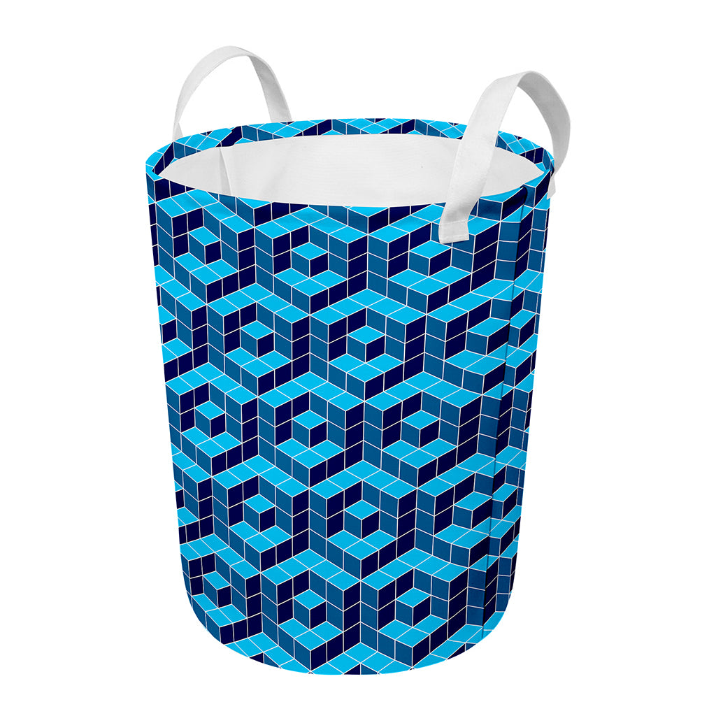 Blue Geometric Cube Shape Pattern Print Round Laundry Basket