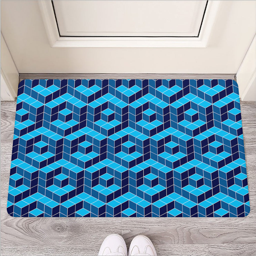 Blue Geometric Cube Shape Pattern Print Rubber Doormat