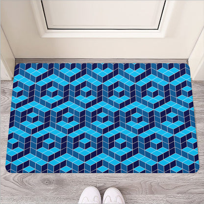 Blue Geometric Cube Shape Pattern Print Rubber Doormat