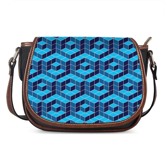 Blue Geometric Cube Shape Pattern Print Saddle Bag