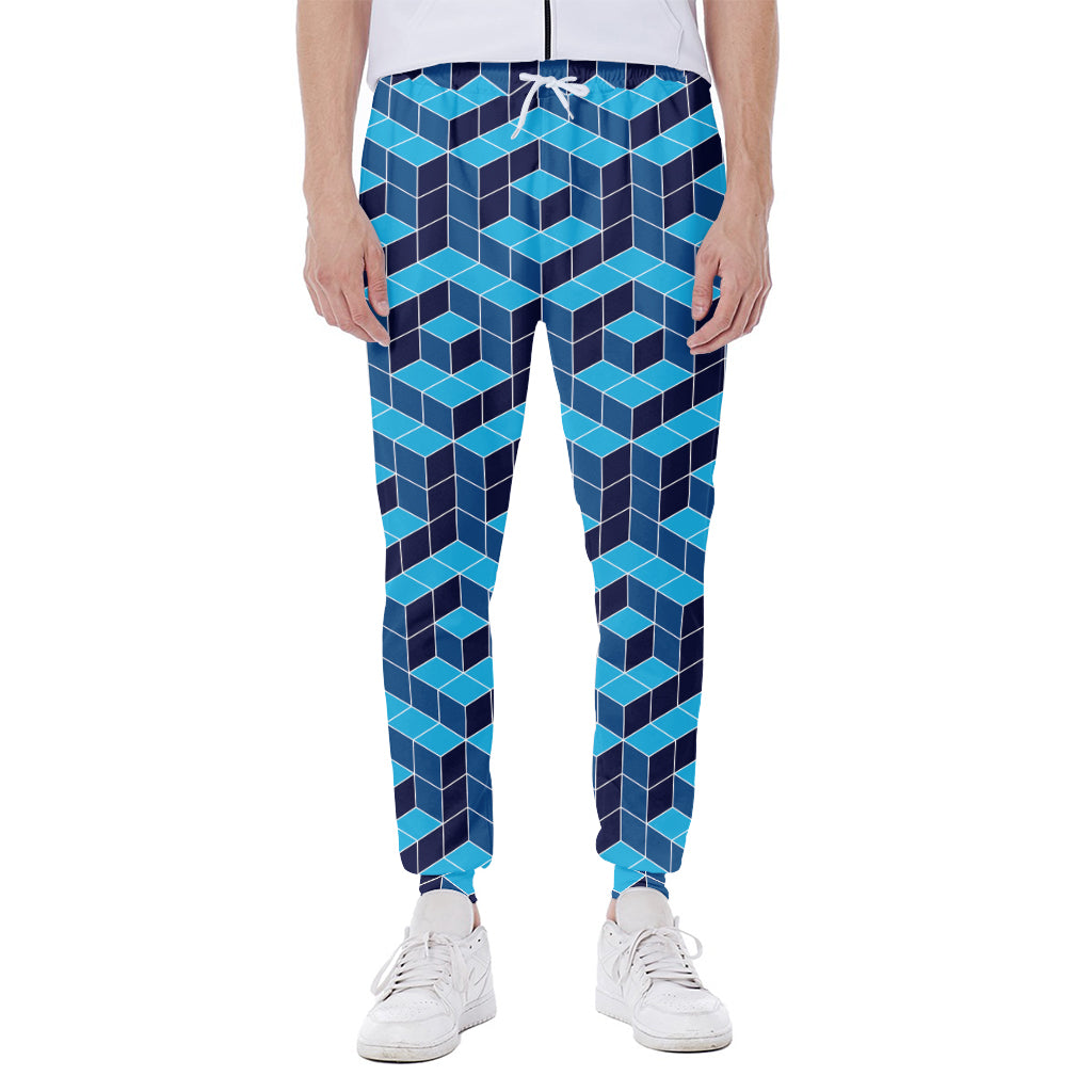 Blue Geometric Cube Shape Pattern Print Scuba Joggers