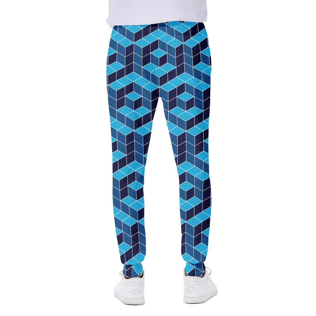 Blue Geometric Cube Shape Pattern Print Scuba Joggers