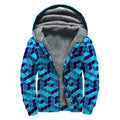 Blue Geometric Cube Shape Pattern Print Sherpa Lined Zip Up Hoodie