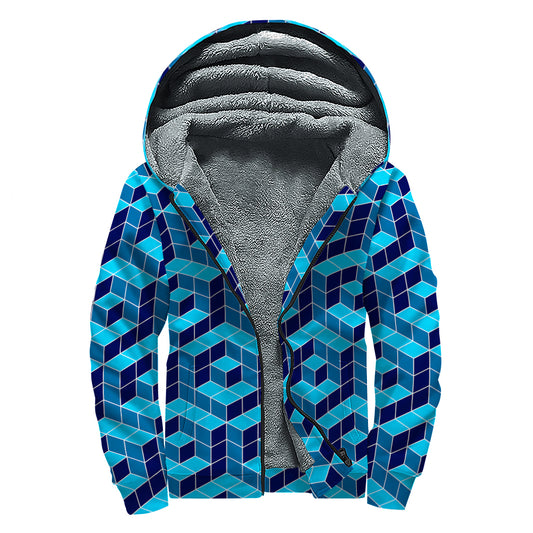 Blue Geometric Cube Shape Pattern Print Sherpa Lined Zip Up Hoodie