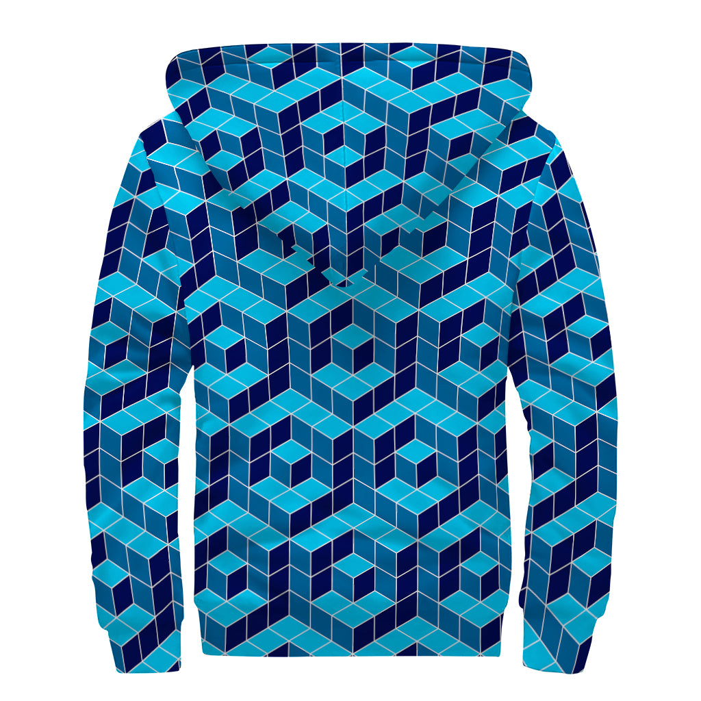 Blue Geometric Cube Shape Pattern Print Sherpa Lined Zip Up Hoodie
